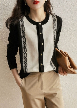 Moderne Sort O-hals Knap Blonder Patchwork Uld Strik Cardigans Efterår