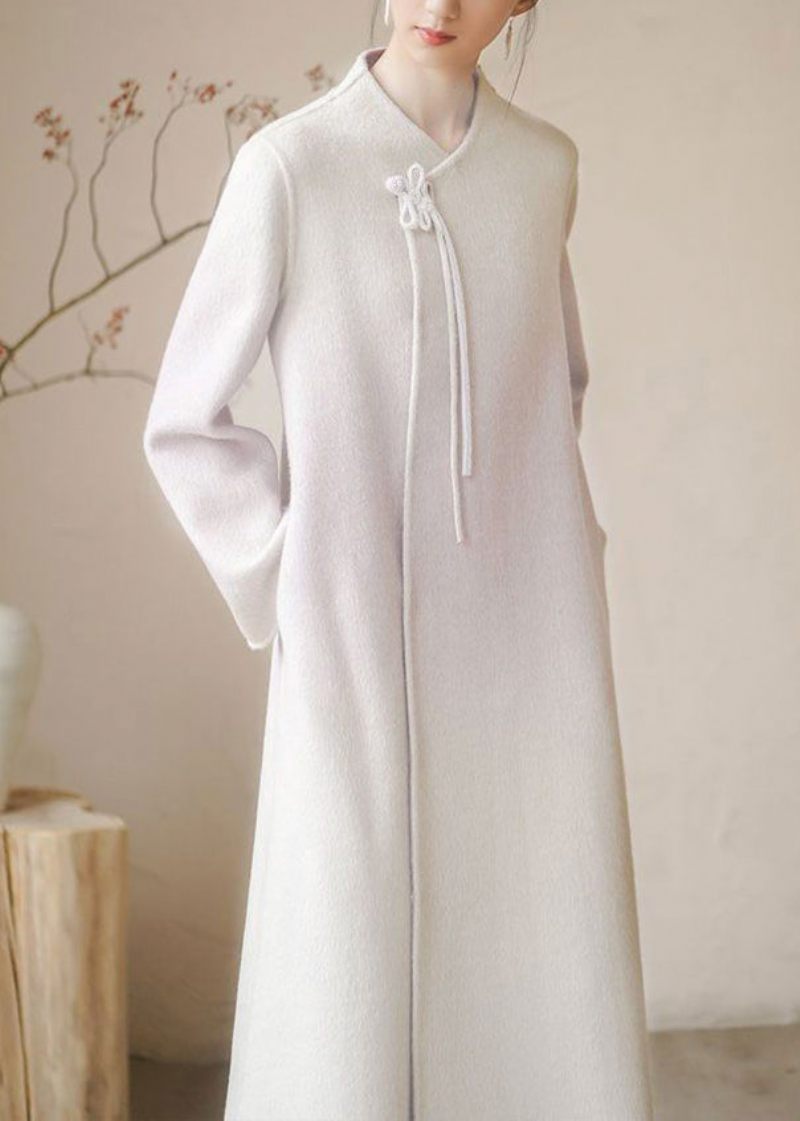 Nye Retro Beige Tasseled Lommer Tie Talje Ulden Frakke Vinter - Dame uldfrakker