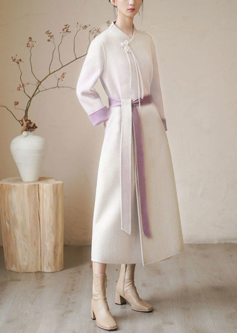 Nye Retro Beige Tasseled Lommer Tie Talje Ulden Frakke Vinter - Dame uldfrakker