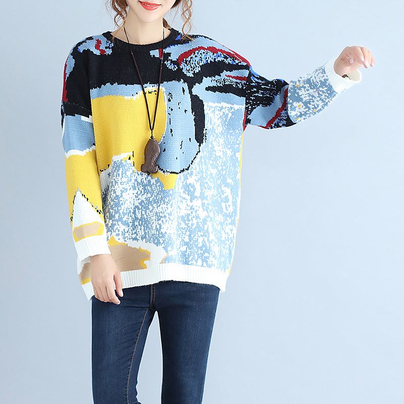 Plus Size Blå Print Uldstrikkede Toppe Casual O Hals Varm Sweater