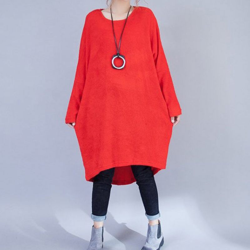 Plus Size Casual Ulden Kjoler Rød Mode Lav Høj Sweater Kjole