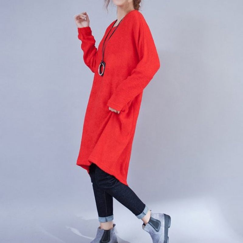 Plus Size Casual Ulden Kjoler Rød Mode Lav Høj Sweater Kjole - Rød