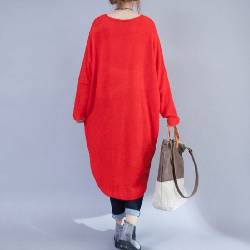 Plus Size Casual Ulden Kjoler Rød Mode Lav Høj Sweater Kjole - Rød