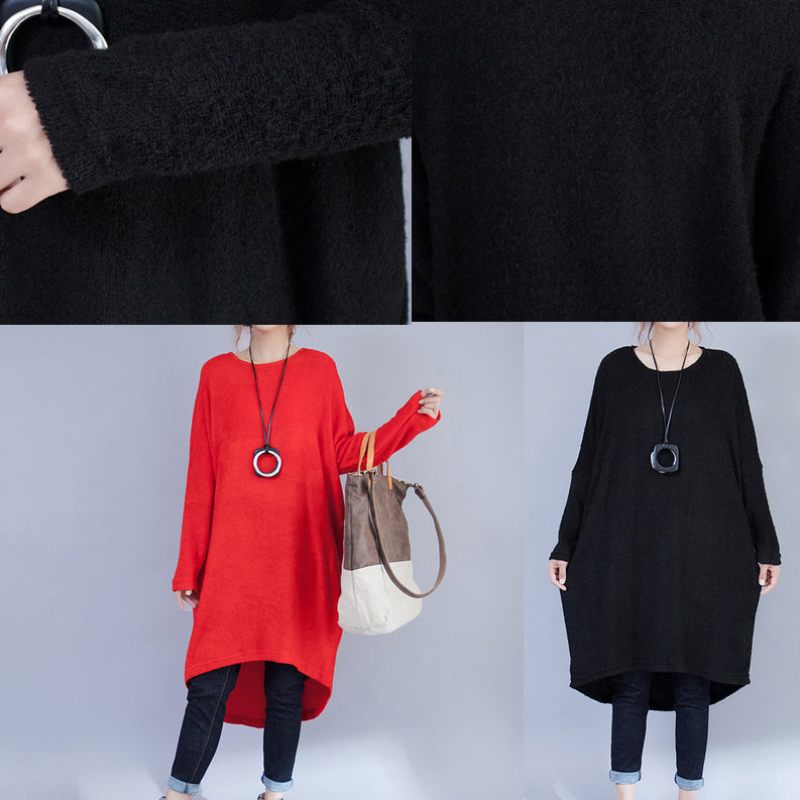 Plus Size Casual Ulden Kjoler Rød Mode Lav Høj Sweater Kjole - Rød