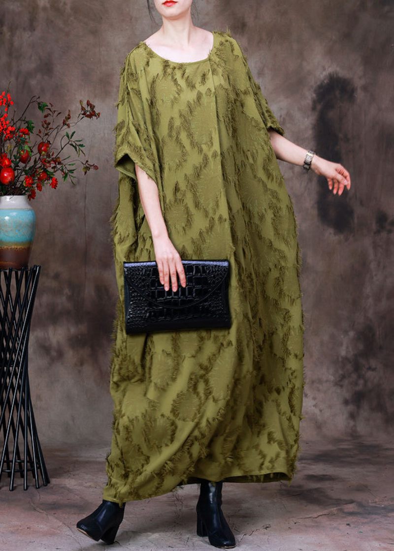 Plus Size Grøn O-hals Asymmetrisk Print Ulden Lang Kjole Batwing Sleeve - Dame uldfrakker
