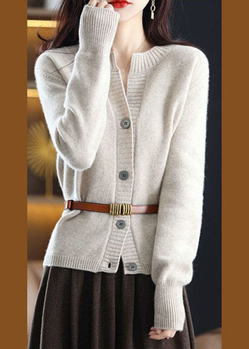 Plus Size Hvid O-hals Knap Ulden Strik Frakke Outwear Vinter - Hvid