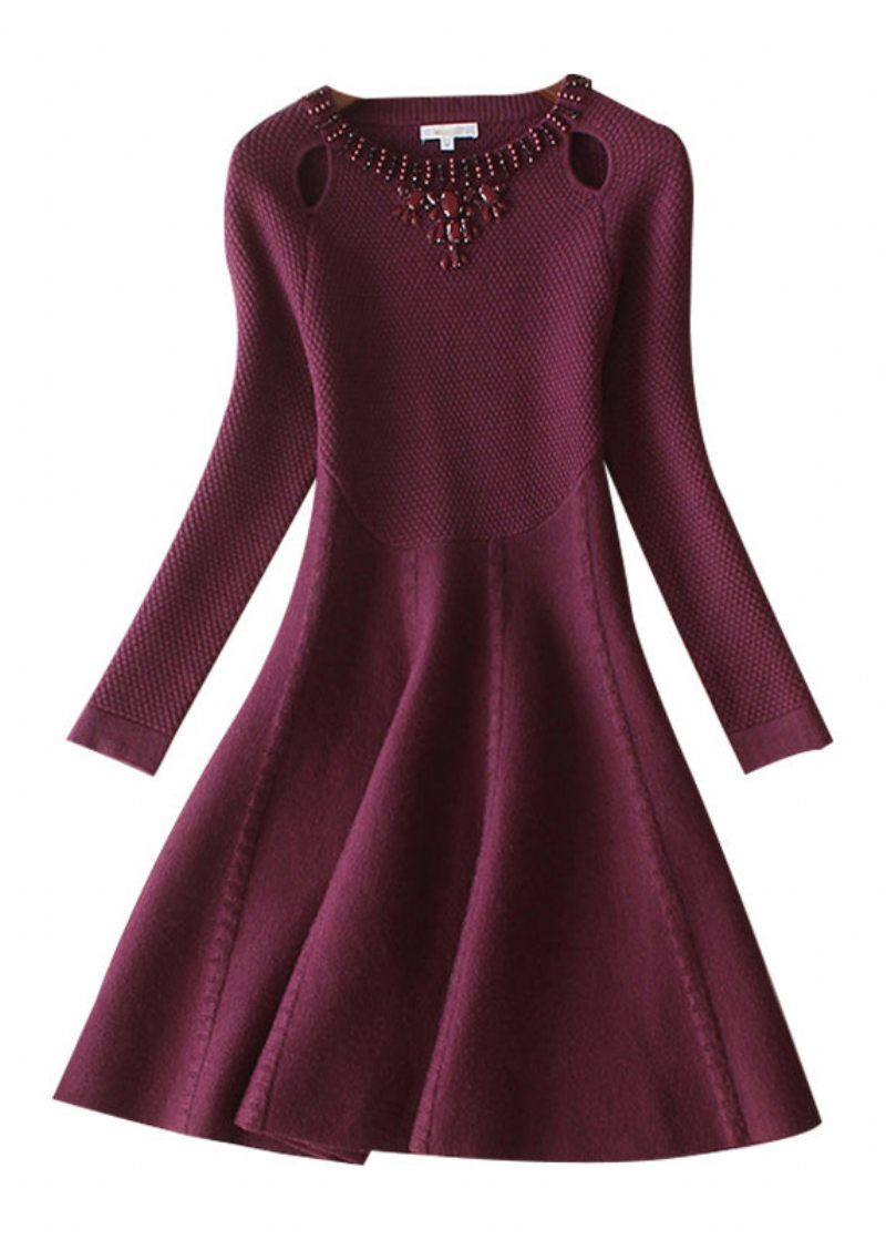Plus Size Mulberry O-hals Slim Fit Uldkjoler Forår - Dame uldfrakker