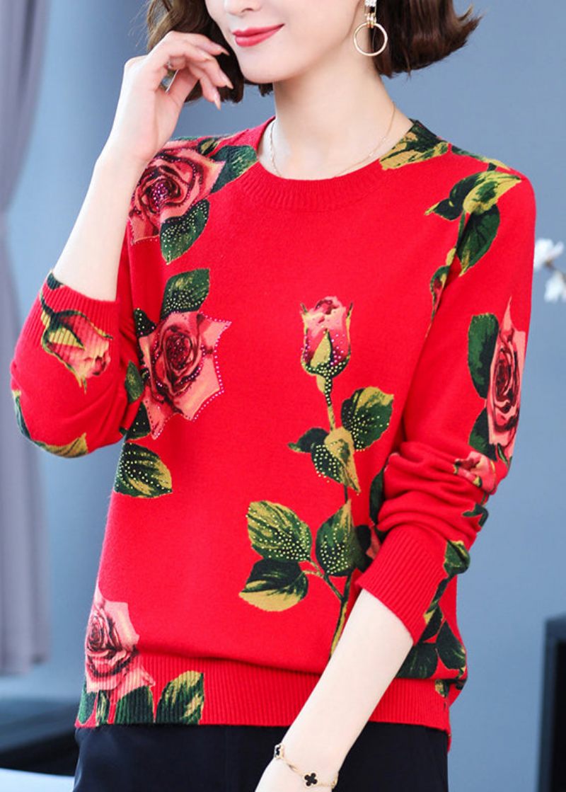 Rødt Print Uldstrikkede Toppe O Neck Zircon Spring - Dame uldfrakker