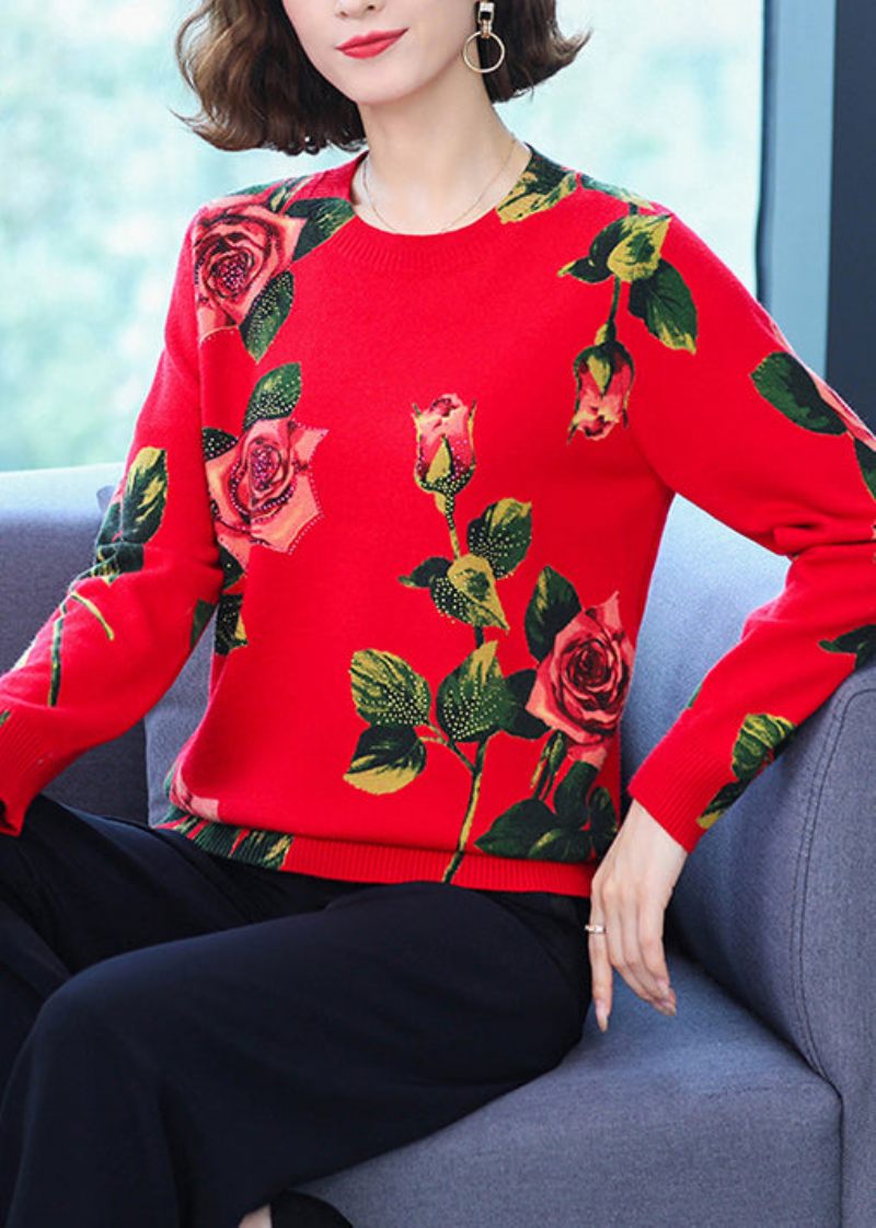 Rødt Print Uldstrikkede Toppe O Neck Zircon Spring - Dame uldfrakker