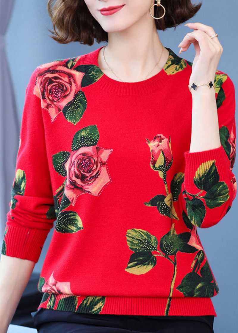 Rødt Print Uldstrikkede Toppe O Neck Zircon Spring - Dame uldfrakker