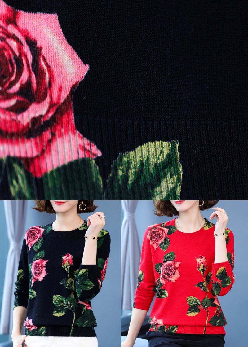 Rødt Print Uldstrikkede Toppe O Neck Zircon Spring - Dame uldfrakker