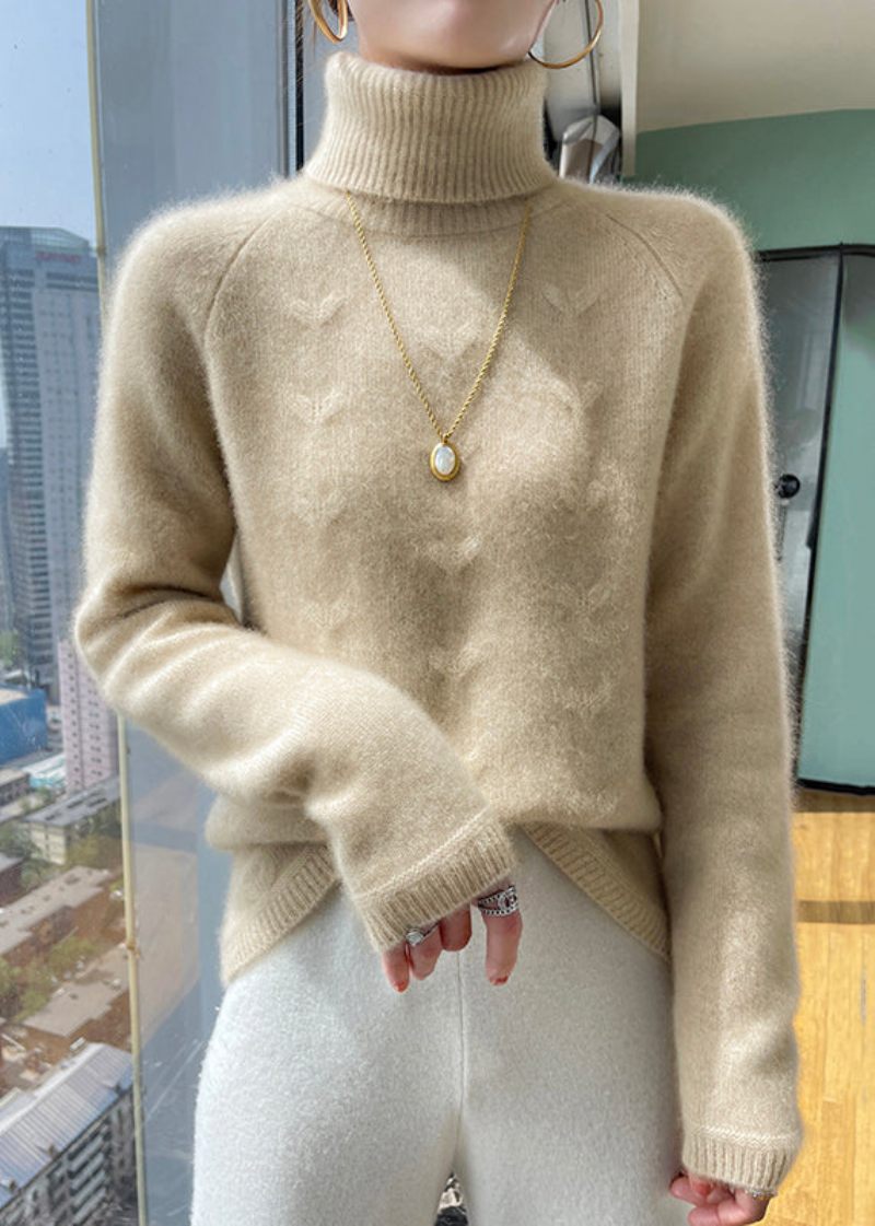Simple Light Camel Hign Neck Tyk Ulden Kort Sweater Vinter - Dame uldfrakker