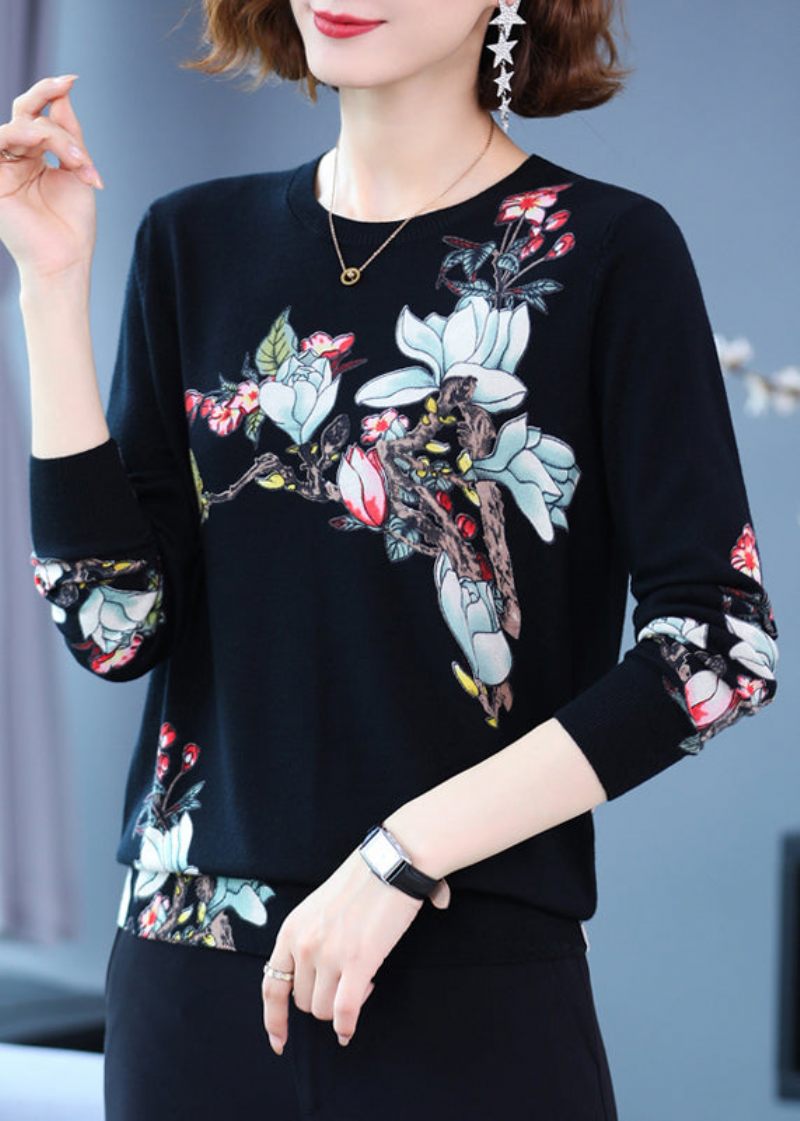 Sort Print Plus Size Ulden Strik Toppe O Neck Spring