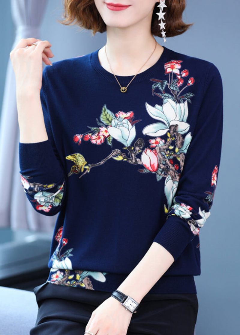 Sort Print Plus Size Ulden Strik Toppe O Neck Spring - Dame uldfrakker