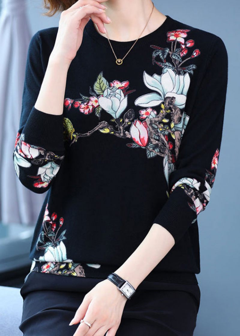 Sort Print Plus Size Ulden Strik Toppe O Neck Spring - Dame uldfrakker