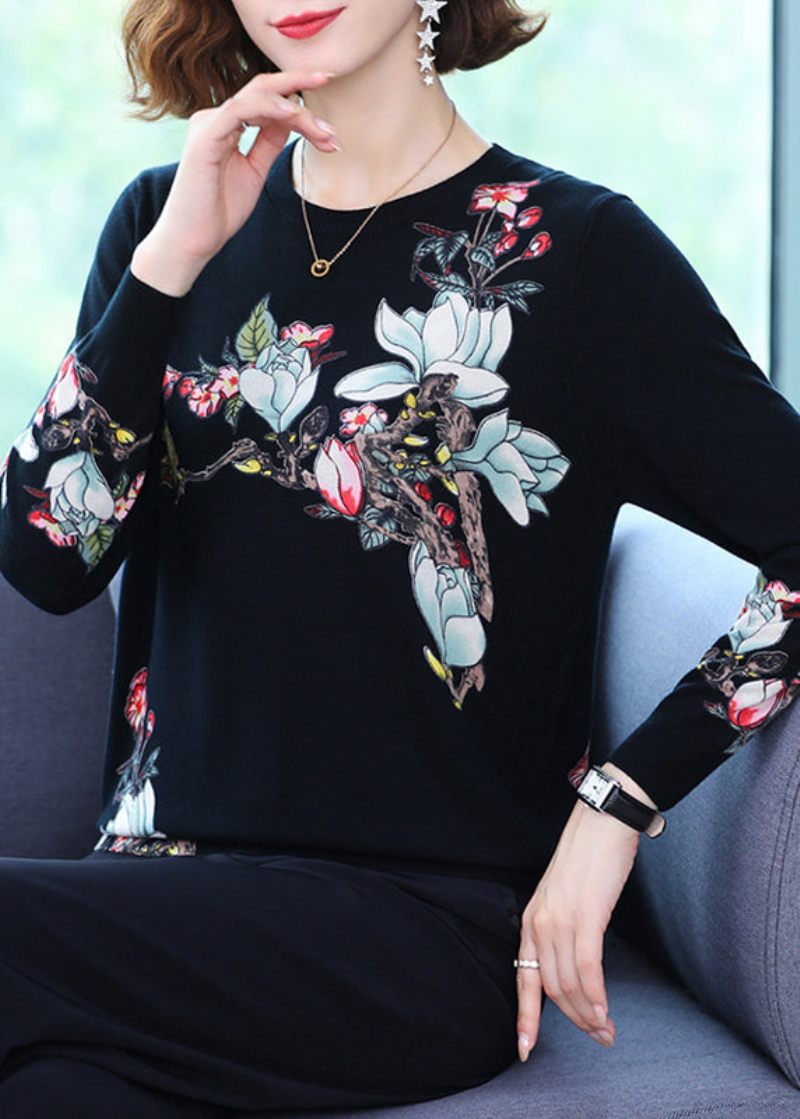 Sort Print Plus Size Ulden Strik Toppe O Neck Spring - Dame uldfrakker