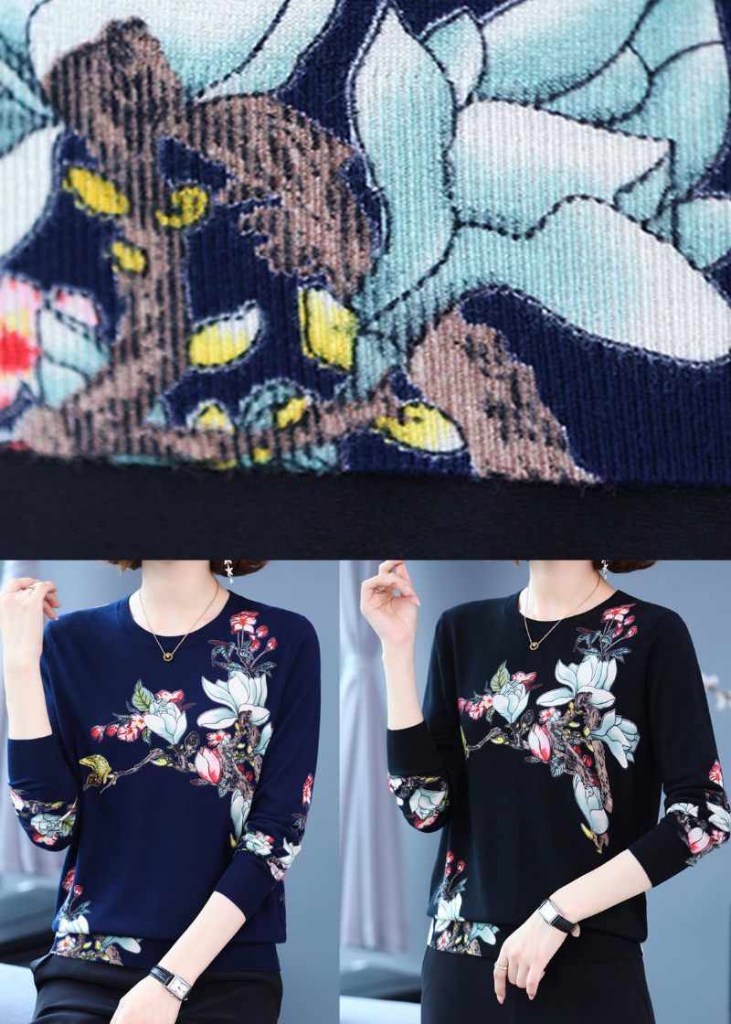 Sort Print Plus Size Ulden Strik Toppe O Neck Spring - Dame uldfrakker