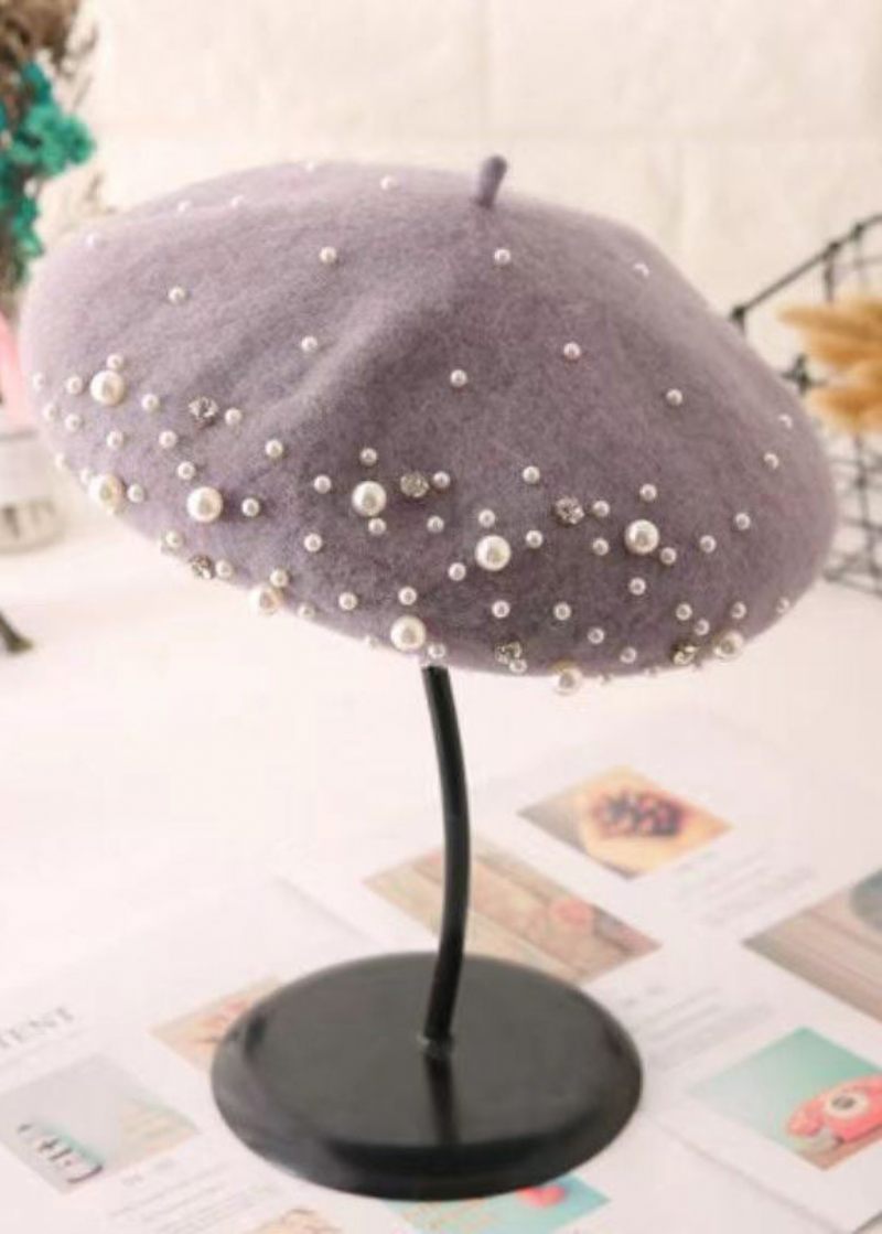 Stilfuld Alsidig Pink Nail Bead Ulden Baskerhat - Dame uldfrakker