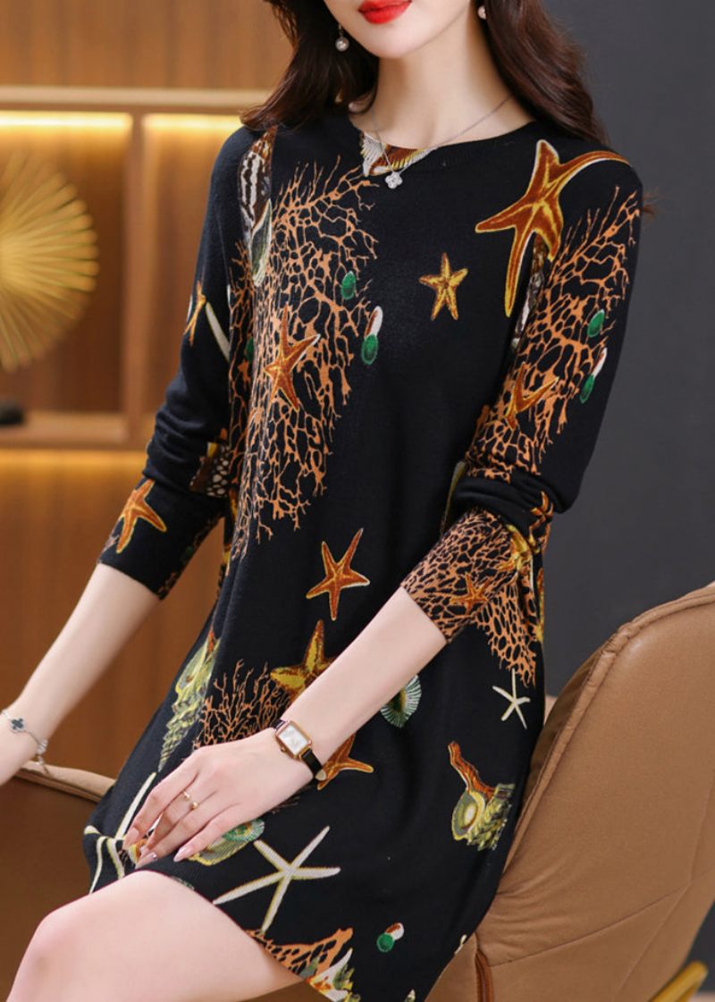 Stilfuld Sort O-hals Print Ulden Mid Sweater Kjole Forår - Dame uldfrakker