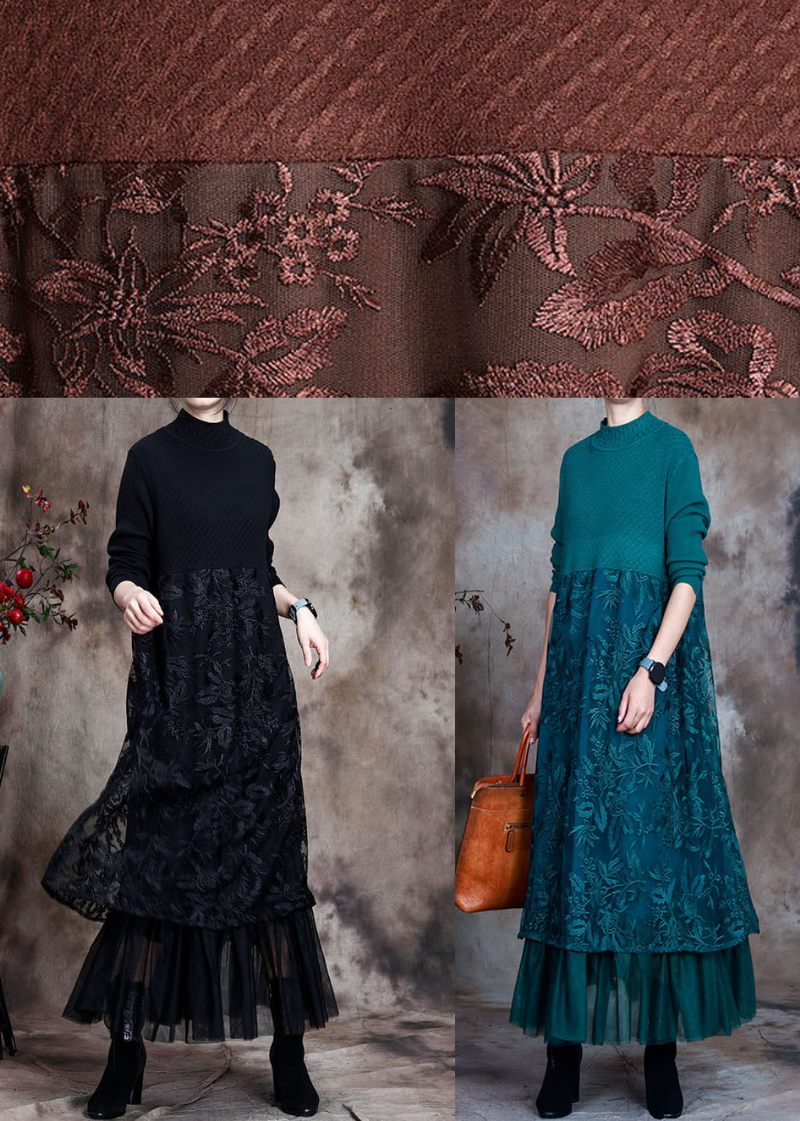 Vintage Blå Slim Fit Blonde Patchwork Strik Efterår Uld Kjole - Sort