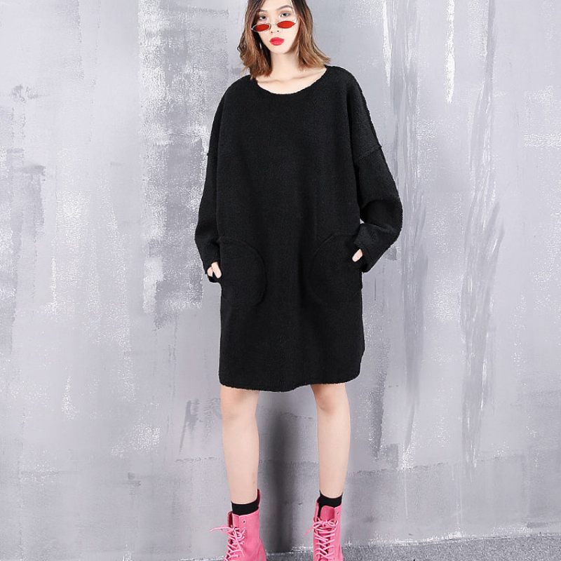 Vintage Sorte Ren Uld Toppe Oversize O-hals Ferie Nye Lommer Uld Tøj - Sort