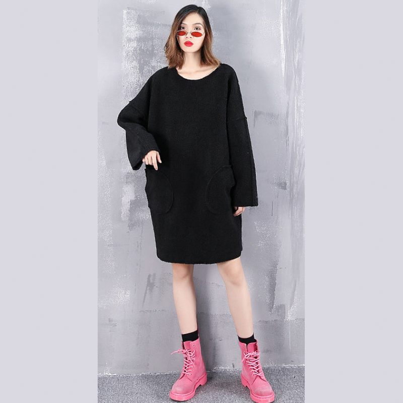 Vintage Sorte Ren Uld Toppe Oversize O-hals Ferie Nye Lommer Uld Tøj - Sort