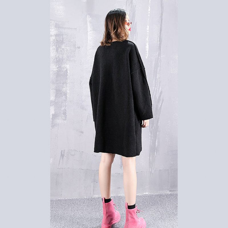 Vintage Sorte Ren Uld Toppe Oversize O-hals Ferie Nye Lommer Uld Tøj - Sort