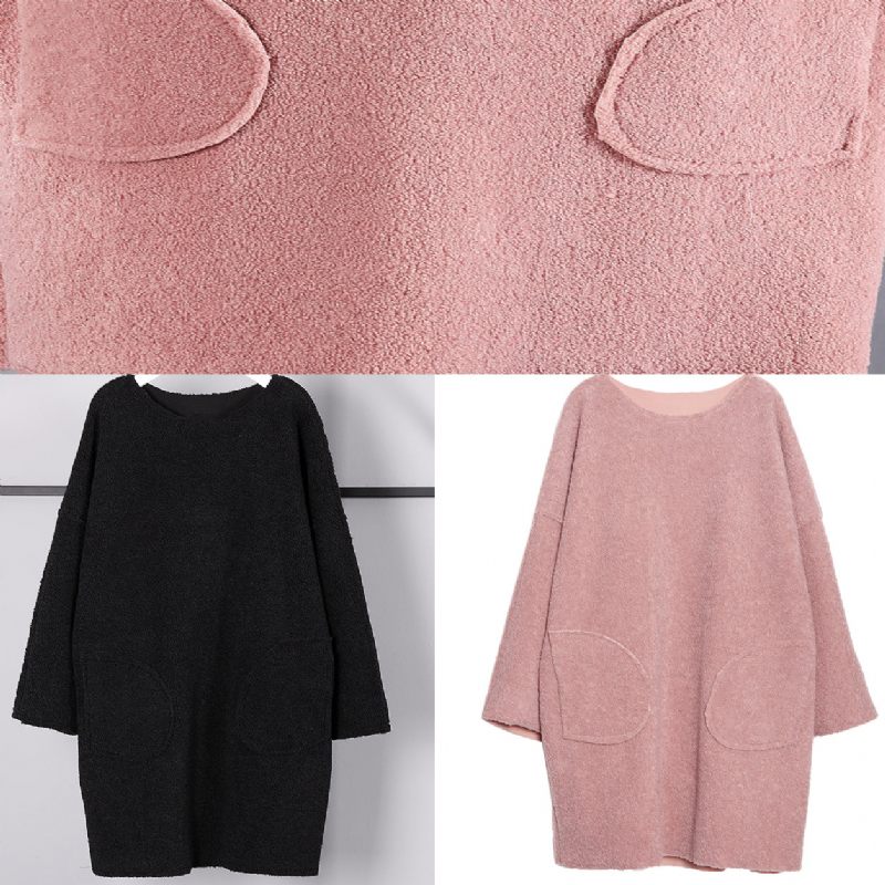 Vintage Sorte Ren Uld Toppe Oversize O-hals Ferie Nye Lommer Uld Tøj - Sort