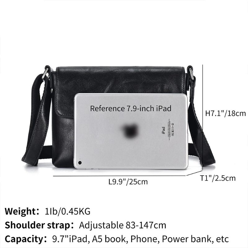 Ægte Læder Herre Crossbody Taske Flap Skuldertasker Sort Small Messenger Bag Work - Sort