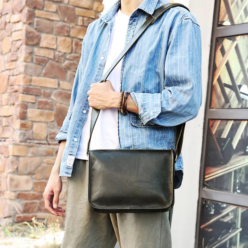 Ægte Læder Lille Messenger Taske Til Mænd Business Work Casual Crossbody Tasker Skuldertaske - Kaffe
