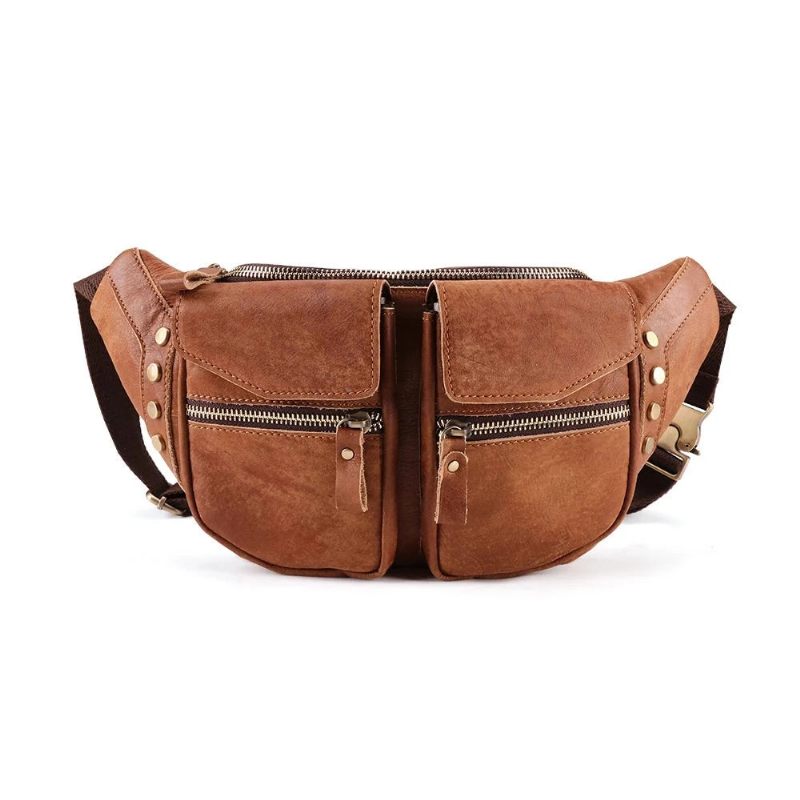 Ægte Læder Mænd Messenger Bag Casual Crossbody Taske Håndtaske Mand Rejse Skulder Brysttaske - Brun