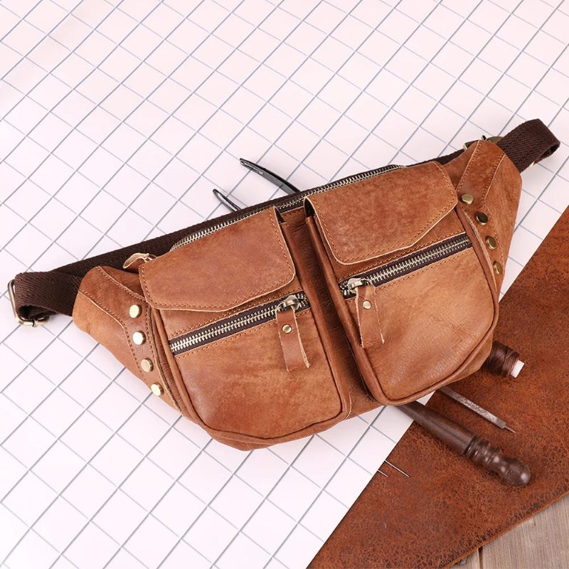 Ægte Læder Mænd Messenger Bag Casual Crossbody Taske Håndtaske Mand Rejse Skulder Brysttaske - Brun