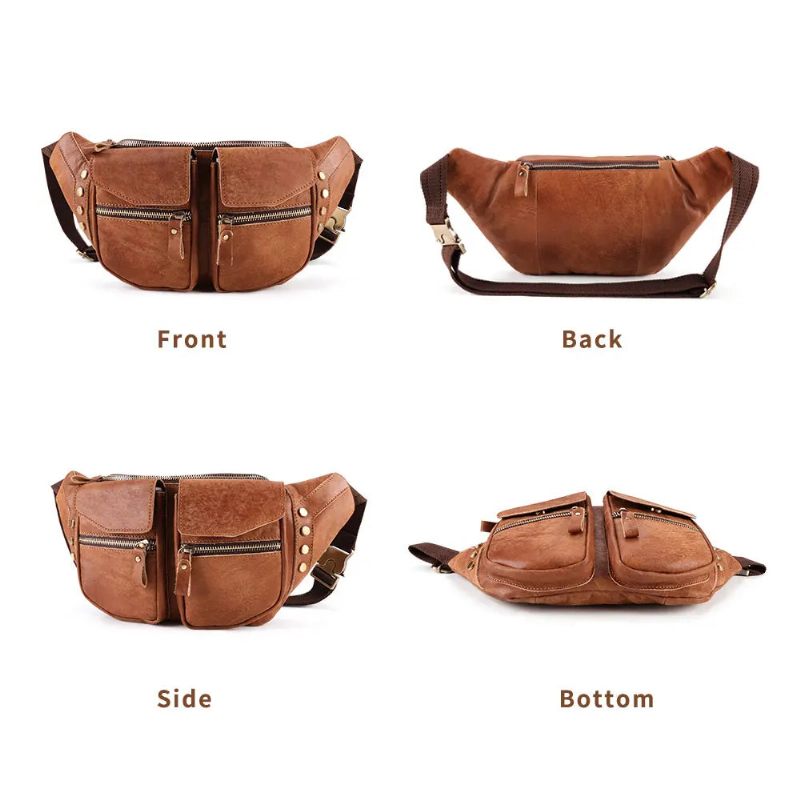 Ægte Læder Mænd Messenger Bag Casual Crossbody Taske Håndtaske Mand Rejse Skulder Brysttaske - Brun