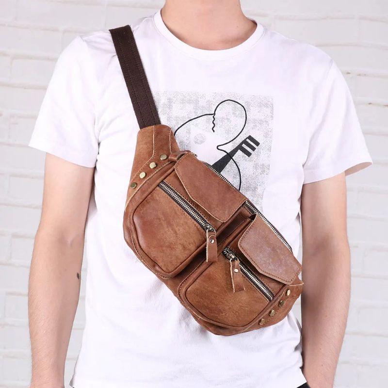 Ægte Læder Mænd Messenger Bag Casual Crossbody Taske Håndtaske Mand Rejse Skulder Brysttaske - Brun