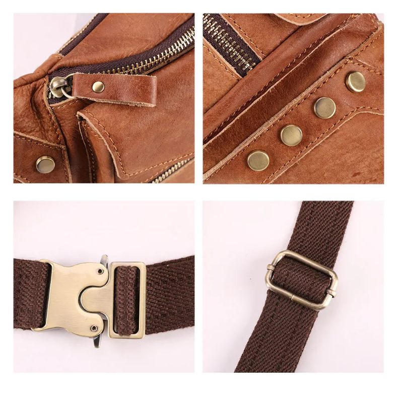 Ægte Læder Mænd Messenger Bag Casual Crossbody Taske Håndtaske Mand Rejse Skulder Brysttaske - Brun