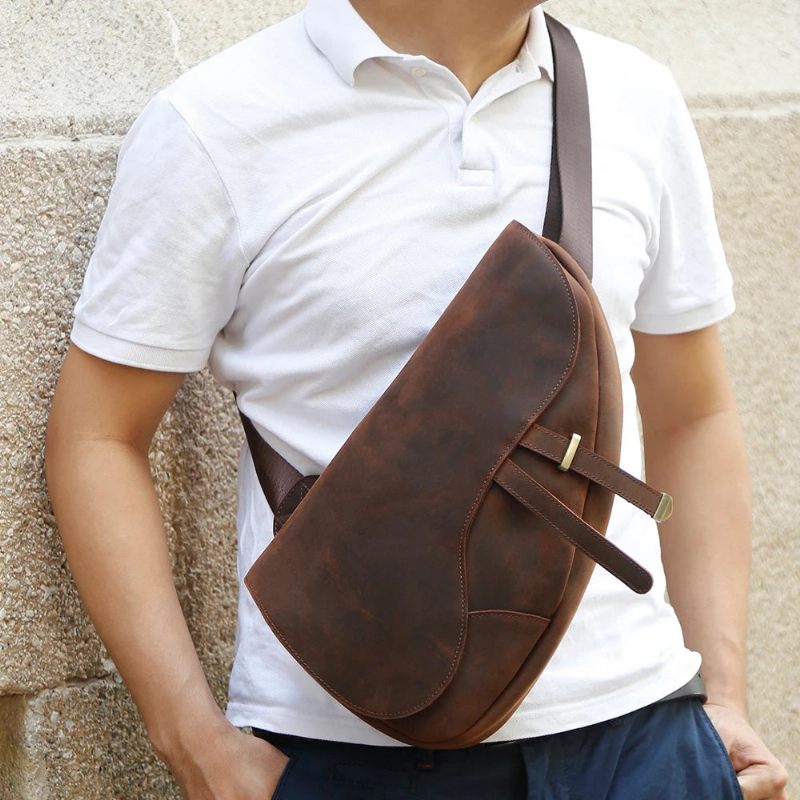 Ægte Læder Skuldertasker Til Mænd Brysttasker Multifunktion Crossbody Taske Vintage - Kaffe