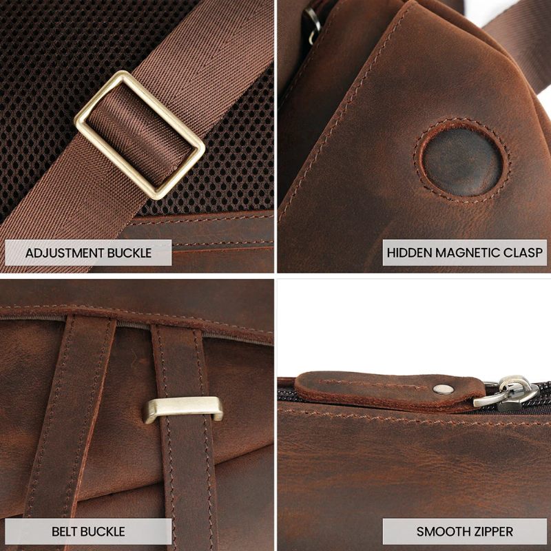 Ægte Læder Skuldertasker Til Mænd Brysttasker Multifunktion Crossbody Taske Vintage - Kaffe