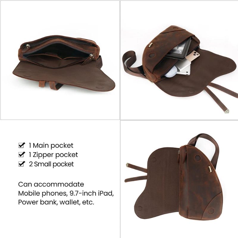 Ægte Læder Skuldertasker Til Mænd Brysttasker Multifunktion Crossbody Taske Vintage - Kaffe