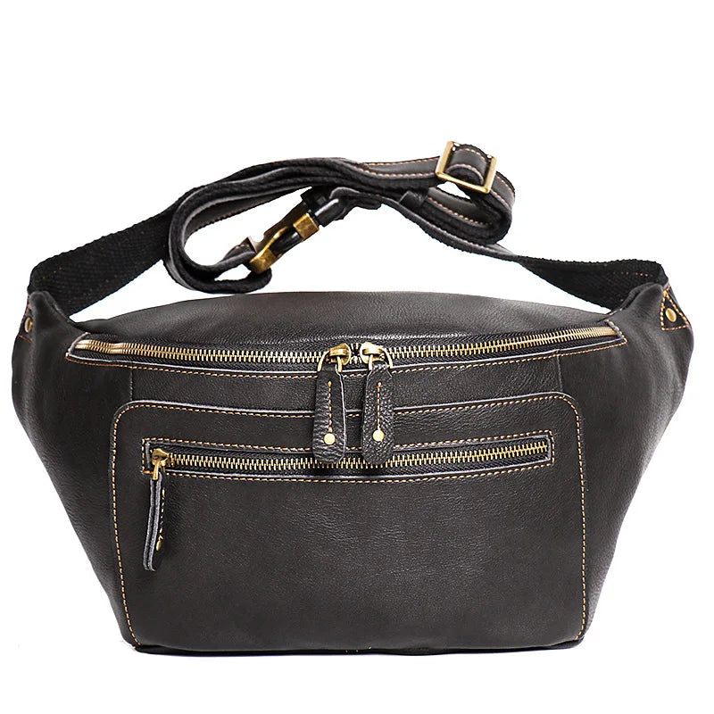 Grænseoverskridende Herrelæder Fanny Pack Crossbody Taske Enkelt Skuldertaske Udendørs Ridebrysttaske - Mørkebrun