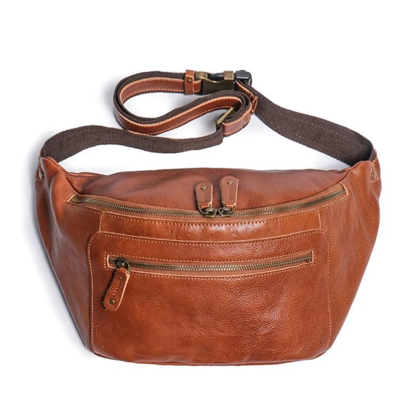 Grænseoverskridende Herrelæder Fanny Pack Crossbody Taske Enkelt Skuldertaske Udendørs Ridebrysttaske - Mørkebrun