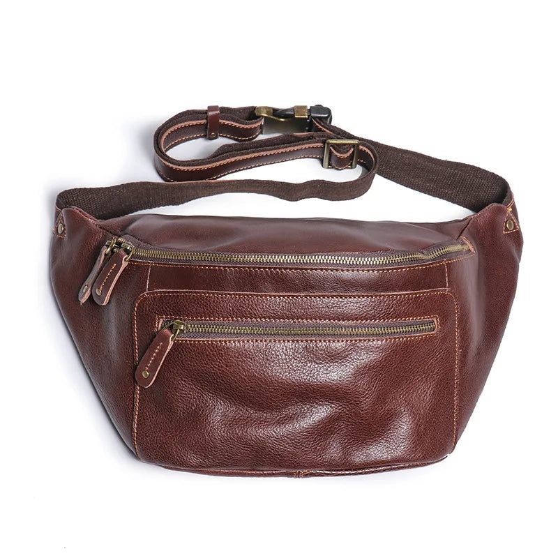 Grænseoverskridende Herrelæder Fanny Pack Crossbody Taske Enkelt Skuldertaske Udendørs Ridebrysttaske - Mørkebrun