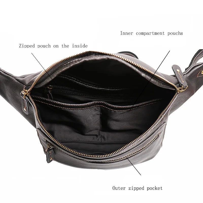 Grænseoverskridende Herrelæder Fanny Pack Crossbody Taske Enkelt Skuldertaske Udendørs Ridebrysttaske - Mørkebrun