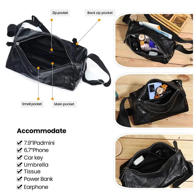 Mænd Ægte Læder Crossbody Taske Retro Skuldertasker Rejse Små Messenger Tasker Casual Punge Mandlige - Sort