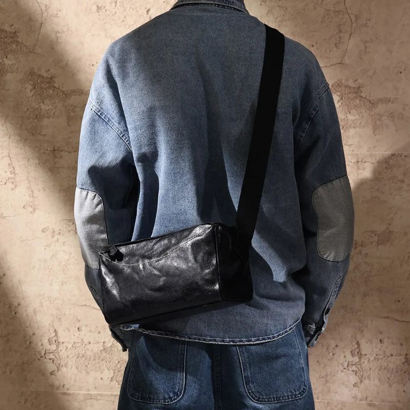 Mænd Ægte Læder Crossbody Taske Retro Skuldertasker Rejse Små Messenger Tasker Casual Punge Mandlige - Sort