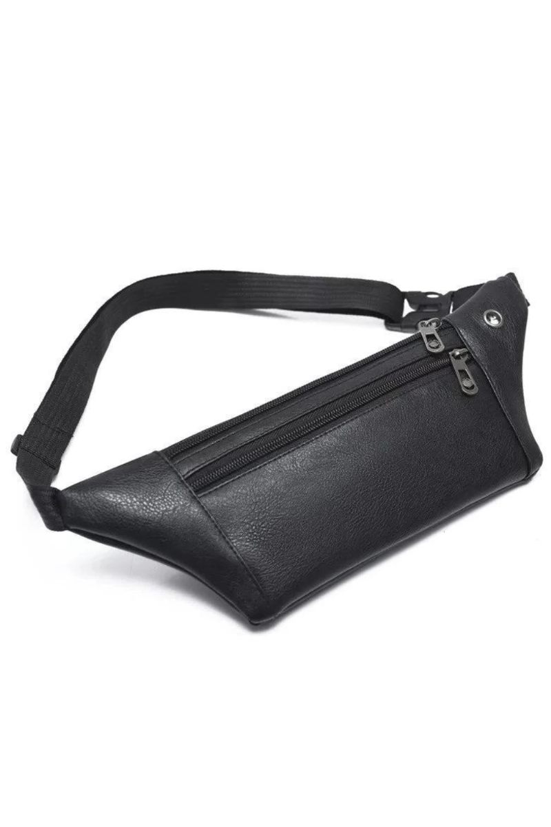 Mænd Fanny Pack Læder Tre-lags Multifunktion Brysttaske Med Hul Til Øretelefoner Sportspengeindsamling Taljetaske Tidevand - Sort