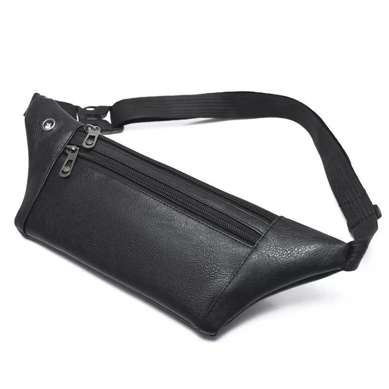 Mænd Fanny Pack Læder Tre-lags Multifunktion Brysttaske Med Hul Til Øretelefoner Sportspengeindsamling Taljetaske Tidevand - Sort