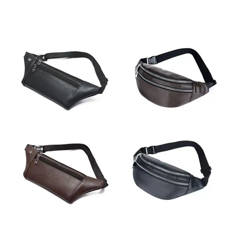 Mænd Fanny Pack Læder Tre-lags Multifunktion Brysttaske Med Hul Til Øretelefoner Sportspengeindsamling Taljetaske Tidevand - Sort