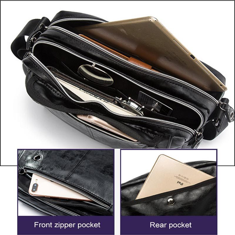 Mænd Læder Messenger Taske Mandlig Crossbody Rejsetaske Fritids Skuldertasker Skuldertaske Sort Håndtaske - Sort