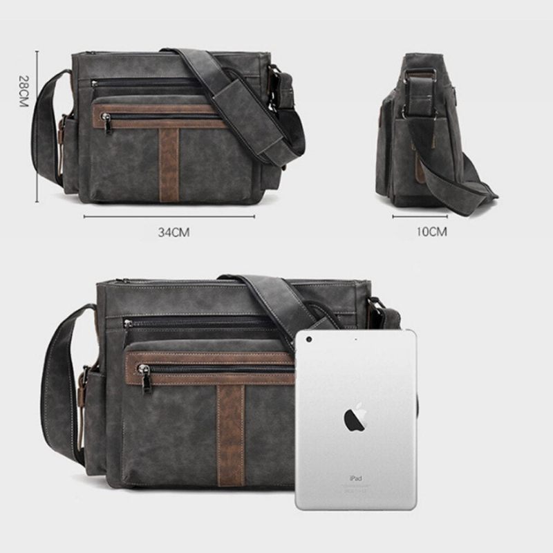 Mænd Læder Skuldertasker Casual Vintage Crossbody Taske Stor Kapacitet Rejsetasker Messenger Lommetasker - Grå