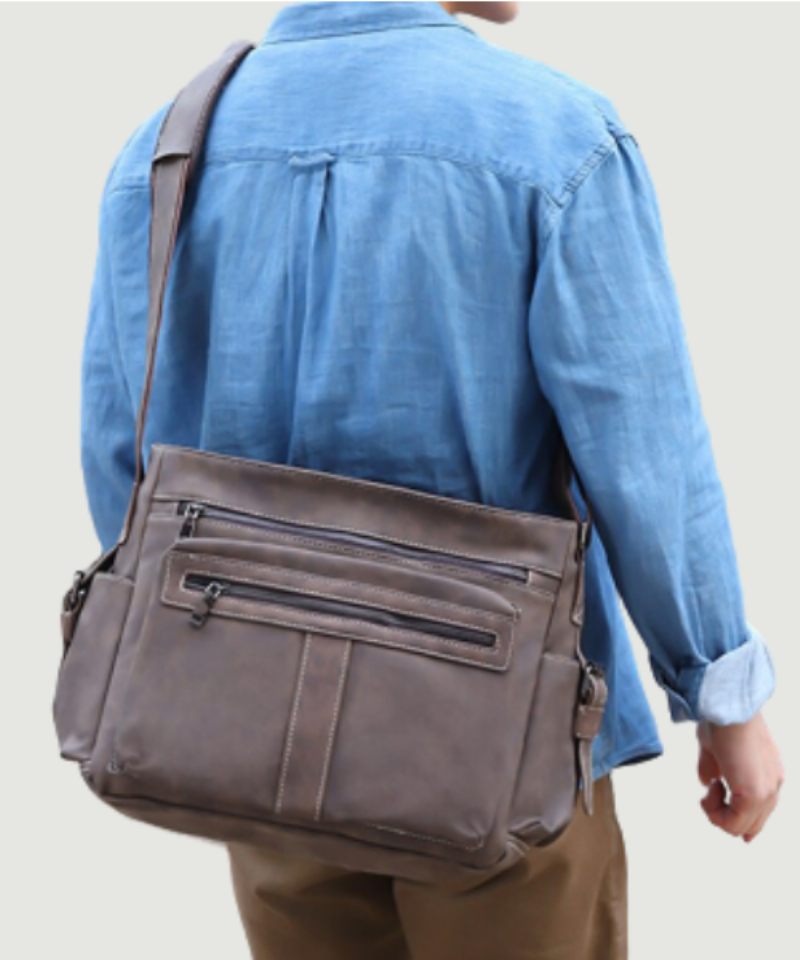 Mænd Læder Skuldertasker Casual Vintage Crossbody Taske Stor Kapacitet Rejsetasker Messenger Lommetasker - Grå